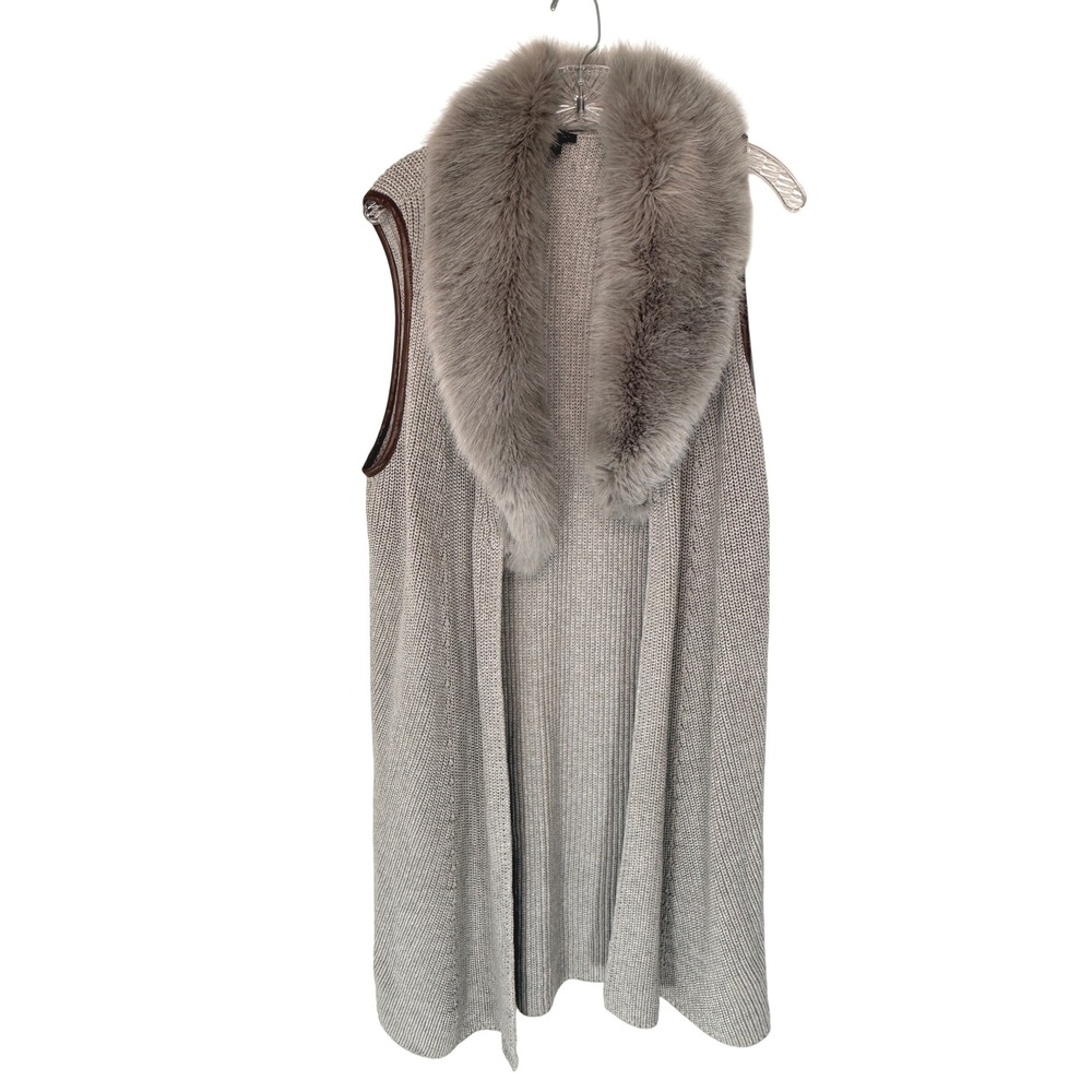 Talbots Gray Shaker Knit Long Open Front Vest Faux Fur Collar Brown Trim Large